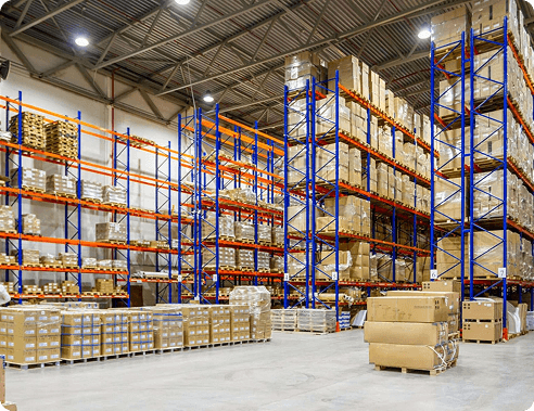 Rows of stocked shelving inside a warehouse