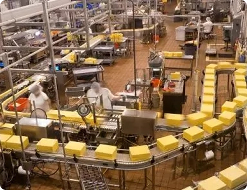 Overhead view of a food production factory floor