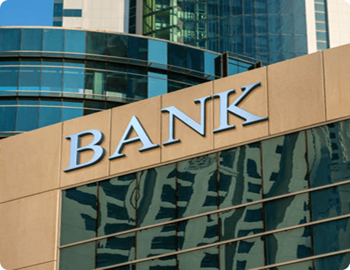 Bank building facade with signage