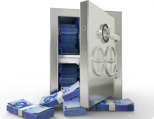 Open safe with stacked cash bundles in front of it